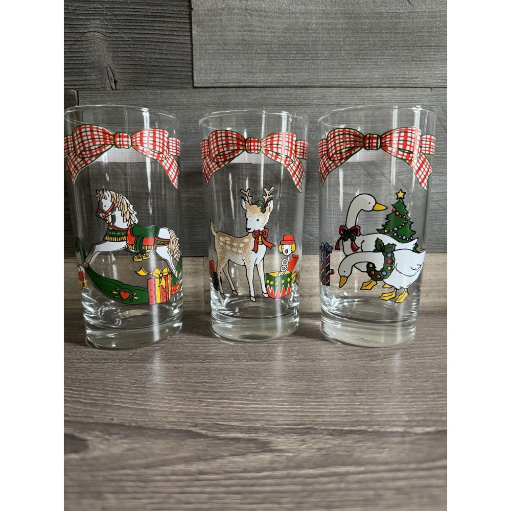 Set of 3 Anchor Hocking Christmas/Holiday 16 oz Tumblers Glass Deer Horse Geese